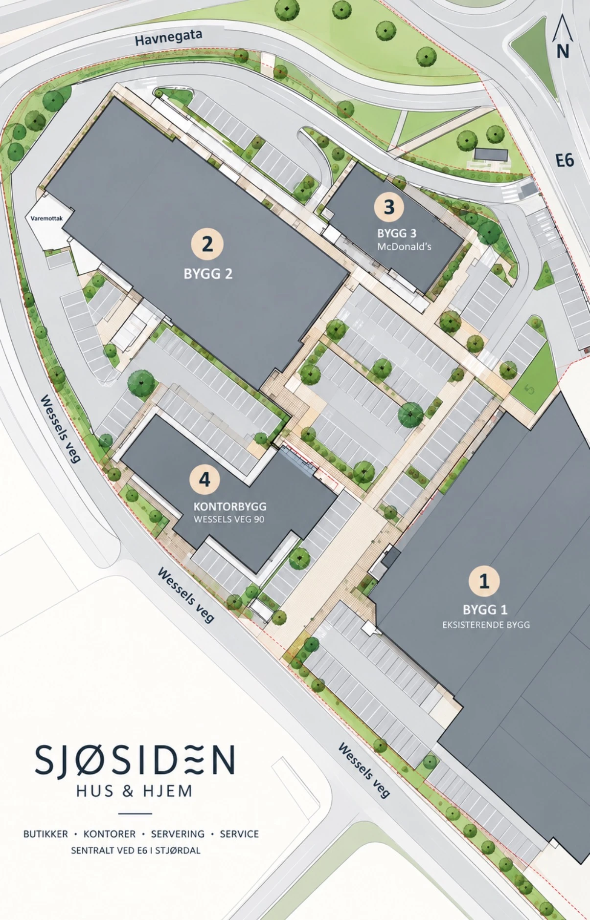 Sjøsiden Hus & Hjem Situasjonsplan over Sjøsiden Hus & Hjem med Bygg 1, Bygg 2, Bygg 3 og kontorbygget i Wessels veg 90